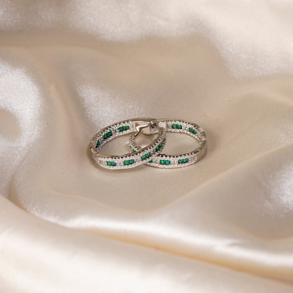 Emerald and Silver Hoops Earrings