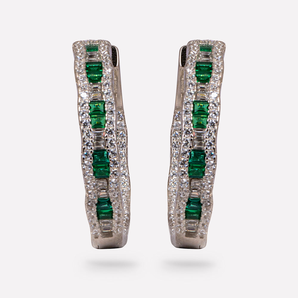 Emerald and Silver Hoops Earrings